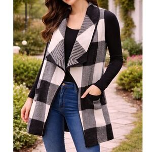 ETWO Buffalo Check Plaid Vest L Black White Waterfall Open Front Longline Boho